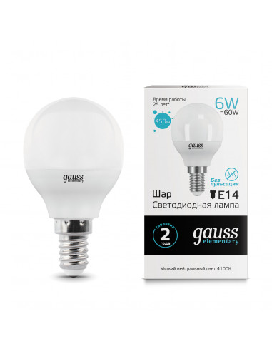 Лампа Gauss Elementary Шар 6W 450lm 4100K Е14...