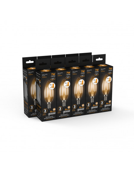 Лампа Gauss Filament Свеча 7W 550lm 2700К Е14 шаг. диммирование LED 1/10/50