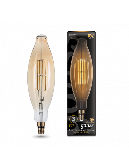 Лампа Gauss Filament BT120 6W 780lm 2400К Е27 golden straight LED 1/10