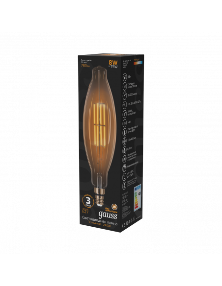 Лампа Gauss Filament BT120 6W 780lm 2400К Е27 golden straight LED 1/10