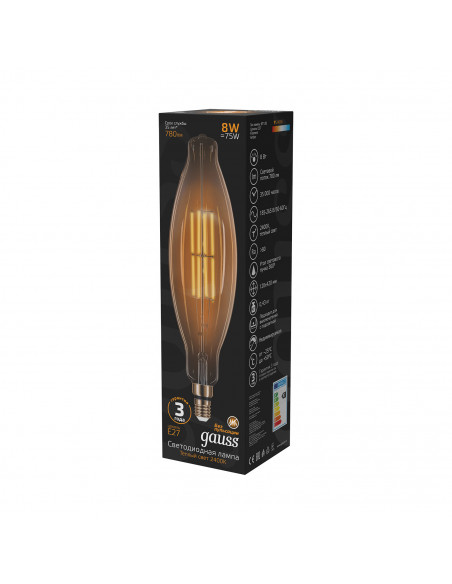 Лампа Gauss Filament BT120 6W 780lm 2400К Е27 golden straight LED 1/10