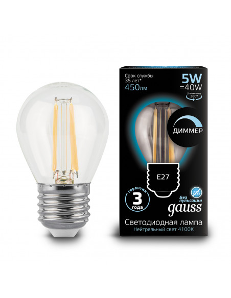 Лампа Gauss Filament Шар 5W 450lm 4100К Е27 LED 1/10/50