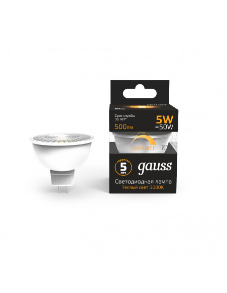 Лампа Gauss MR16 5W 500lm 3000K GU10 диммируемая LED 1/10/100