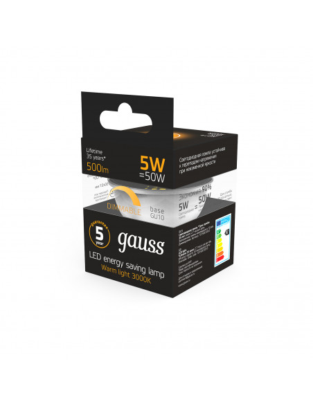 Лампа Gauss MR16 5W 500lm 3000K GU10 диммируемая LED 1/10/100