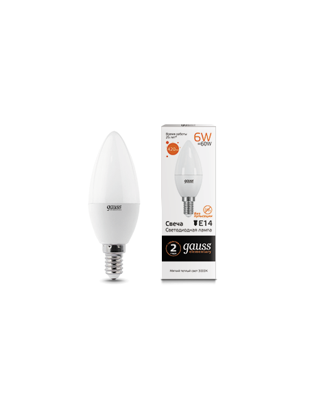 Лампа Gauss Elementary Свеча 6W 420lm 3000K Е14 LED 1/10/100