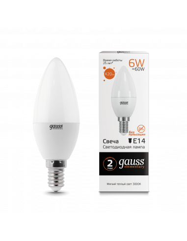 Лампа Gauss Elementary Свеча 6W 420lm 3000K Е14...