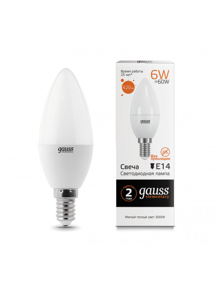 Лампа Gauss Elementary Свеча 6W 420lm 3000K Е14 LED 1/10/100