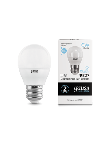 Лампа Gauss Elementary Шар 6W 470lm 6500K Е27...