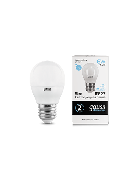 Лампа Gauss Elementary Шар 6W 470lm 6500K Е27 LED 1/10/100