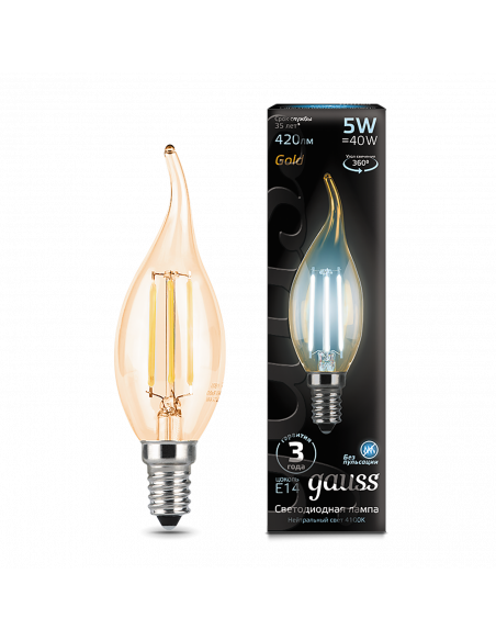 Лампа Gauss Filament Свеча на ветру 5W 420lm 4100К Е14 golden LED 1/10/50