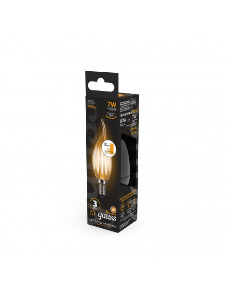 Лампа Gauss Filament Свеча на ветру 7W 550lm 2700К Е14 шаг. диммирование LED 1/10/50