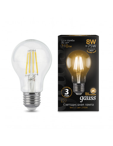 Лампа Gauss Filament А60 8W 740lm 2700К Е27 LED...