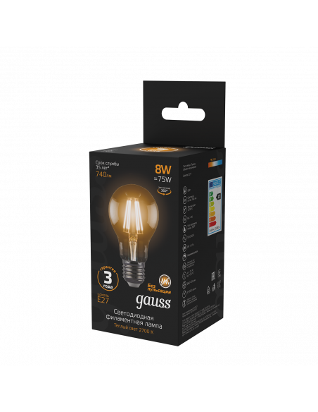 Лампа Gauss Filament А60 8W 740lm 2700К Е27 LED 1/10/40