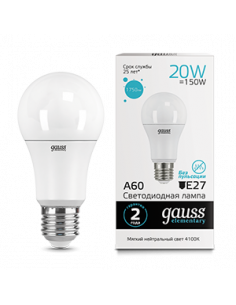 Лампа Gauss Elementary A60 20W 1600lm 4100K E27 LED 1/10/50 2