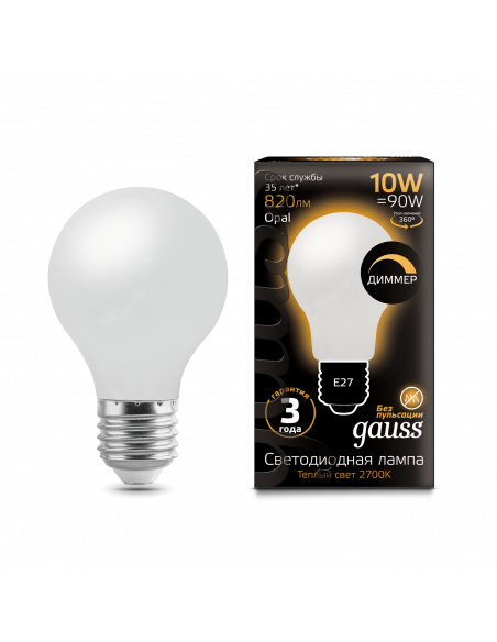 Лампа Gauss Filament А60 10W 820lm 2700К Е27 milky диммируемая LED 1/10/40