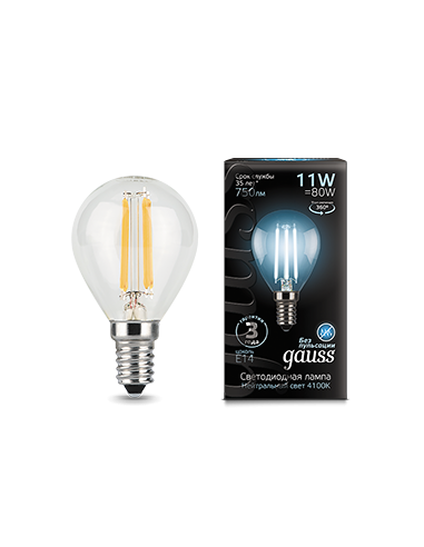 Лампа Gauss Filament Шар 11W 750lm 4100К Е14...