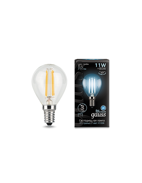 Лампа Gauss Filament Шар 11W 750lm 4100К Е14 LED 1/10/50