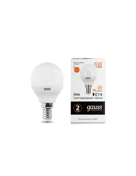 Лампа Gauss Elementary Шар 6W 420lm 3000K Е14 LED 1/10/100