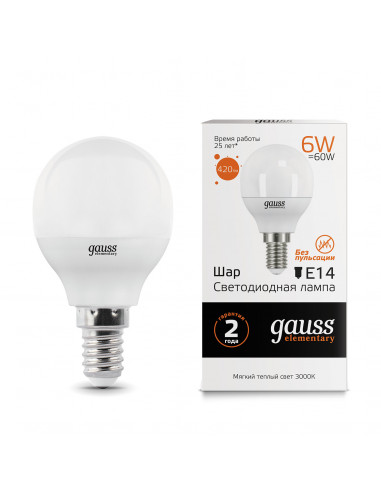 Лампа Gauss Elementary Шар 6W 420lm 3000K Е14...