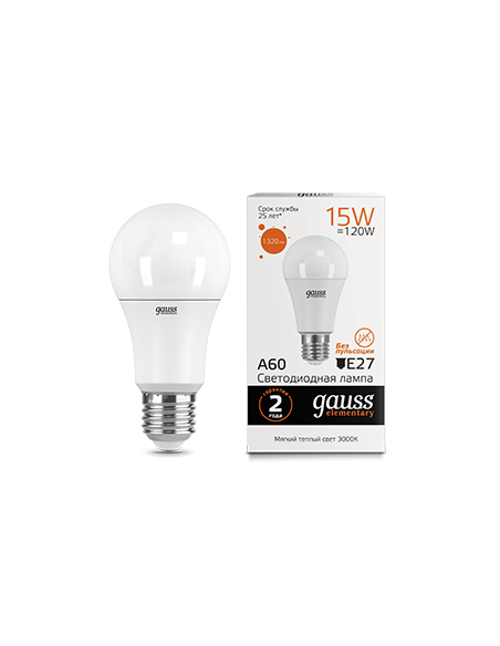 Лампа Gauss Elementary A60 15W 1320lm 3000K E27 LED 1/10/50