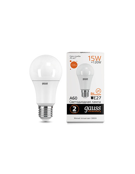 Лампа Gauss Elementary A60 15W 1320lm 3000K E27 LED 1/10/50