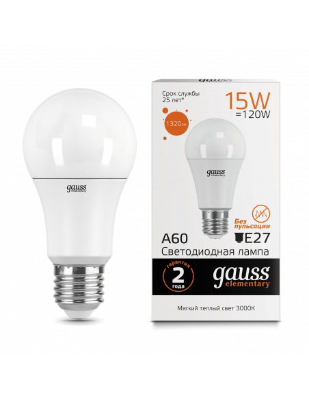 Лампа Gauss Elementary A60 15W 1320lm 3000K E27 LED 1/10/50