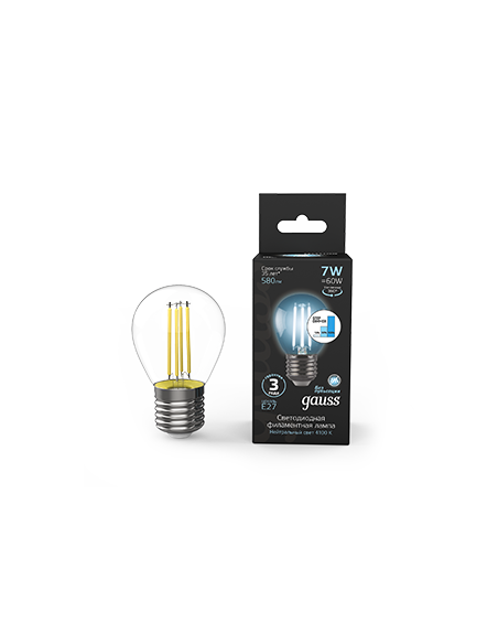 Лампа Gauss Filament Шар 7W 580lm 4100К Е27 шаг. диммирование LED 1/10/50