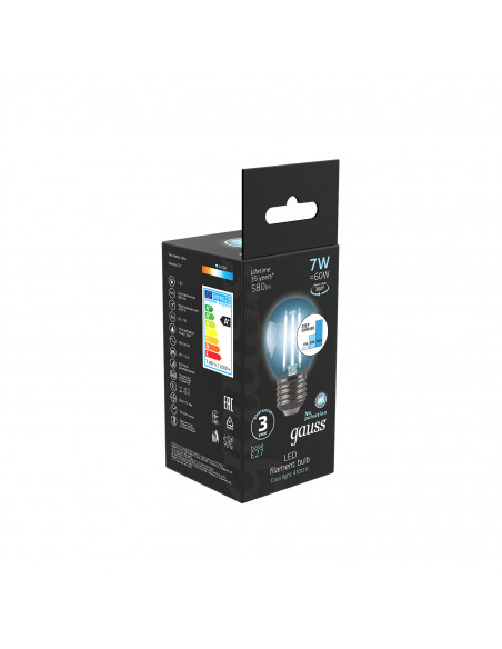 Лампа Gauss Filament Шар 7W 580lm 4100К Е27 шаг. диммирование LED 1/10/50