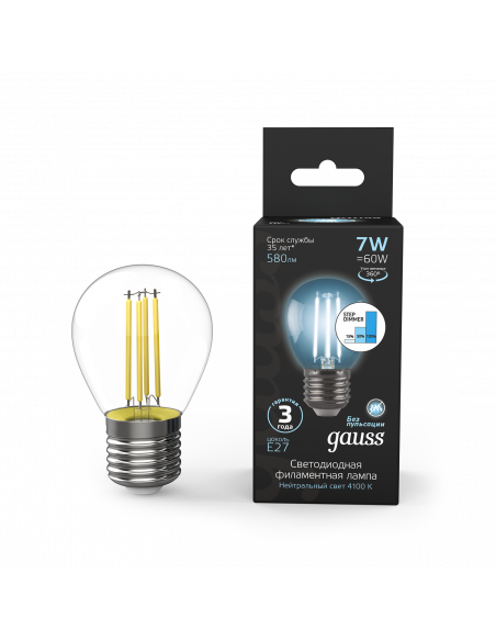 Лампа Gauss Filament Шар 7W 580lm 4100К Е27 шаг. диммирование LED 1/10/50