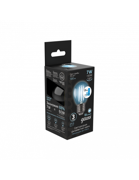 Лампа Gauss Filament Шар 7W 580lm 4100К Е27 шаг. диммирование LED 1/10/50