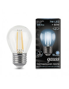Лампа Gauss Filament Шар 7W 580lm 4100К Е27 LED 1/10/50
