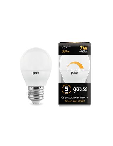 Лампа Gauss Шар 7W 560lm 3000К Е27 диммируемая...