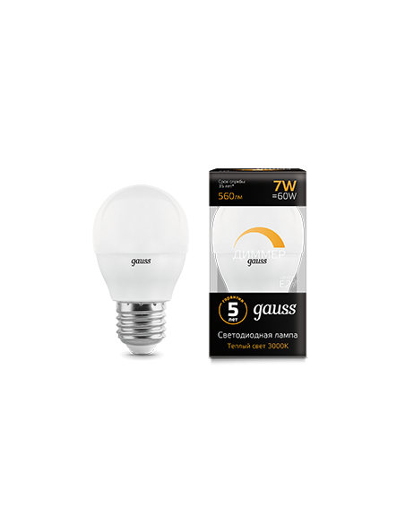 Лампа Gauss Шар 7W 560lm 3000К Е27 диммируемая LED 1/10/100