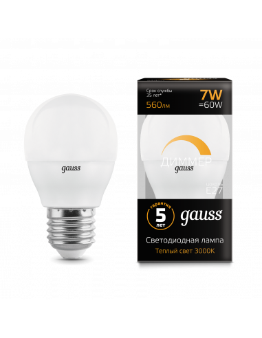 Лампа Gauss Шар 7W 560lm 3000К Е27 диммируемая...
