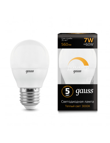 Лампа Gauss Шар 7W 560lm 3000К Е27 диммируемая...