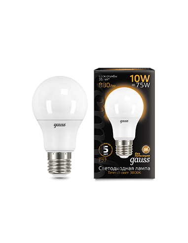 Лампа Gauss A60 10W 880lm 3000K E27 LED 1/10/50