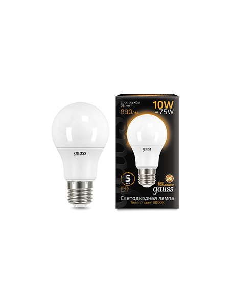 Лампа Gauss A60 10W 880lm 3000K E27 LED 1/10/50