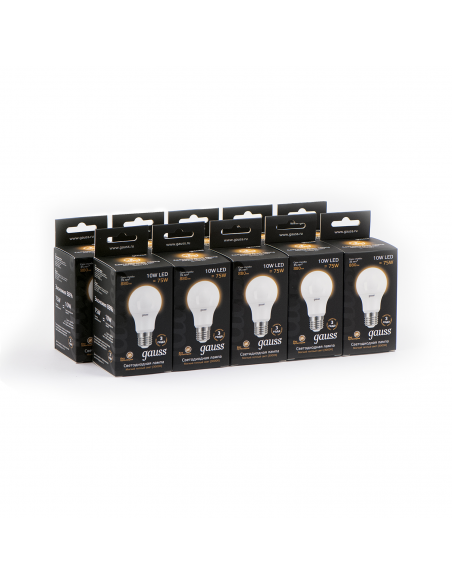 Лампа Gauss A60 10W 880lm 3000K E27 LED 1/10/50
