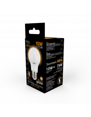 Лампа Gauss A60 10W 880lm 3000K E27 LED 1/10/50