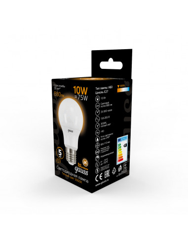 Лампа Gauss A60 10W 880lm 3000K E27 LED 1/10/50