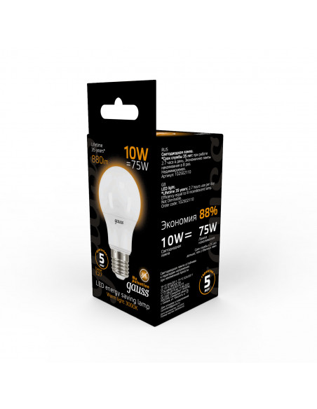 Лампа Gauss A60 10W 880lm 3000K E27 LED 1/10/50
