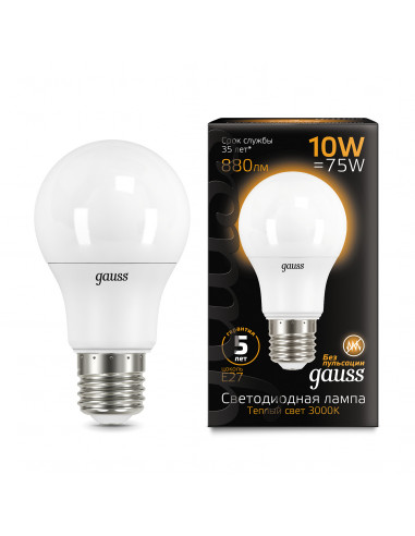 Лампа Gauss A60 10W 880lm 3000K E27 LED 1/10/50