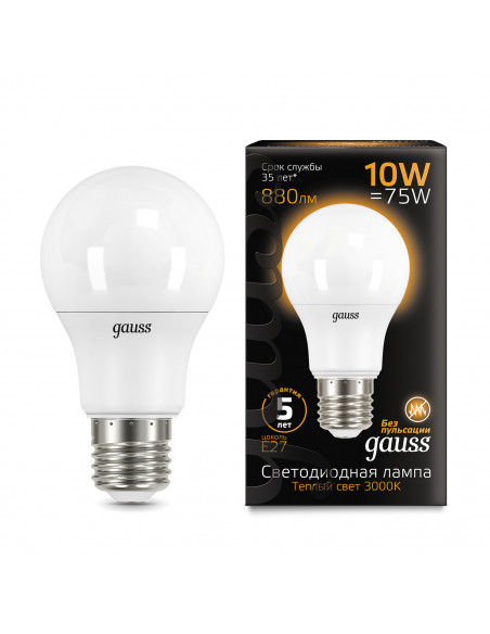 Лампа Gauss A60 10W 880lm 3000K E27 LED 1/10/50