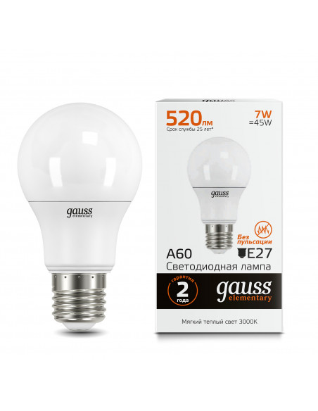Упаковка 10 штук Лампа Gauss Elementary A60 7W 520lm 3000K E27 LED 1/10/50