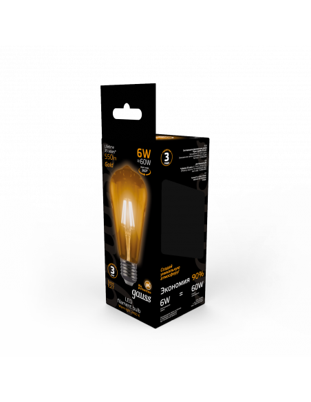 Лампа Gauss Filament ST64 6W 550lm 2400К E27 golden LED 1/10/40