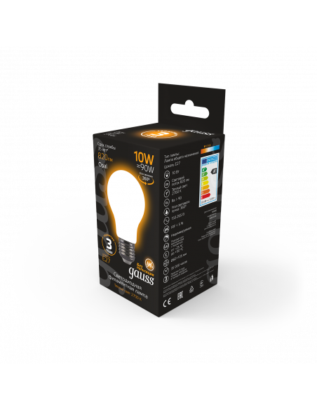 Лампа Gauss Filament А60 10W 820lm 2700К Е27 milky LED 1/10/40