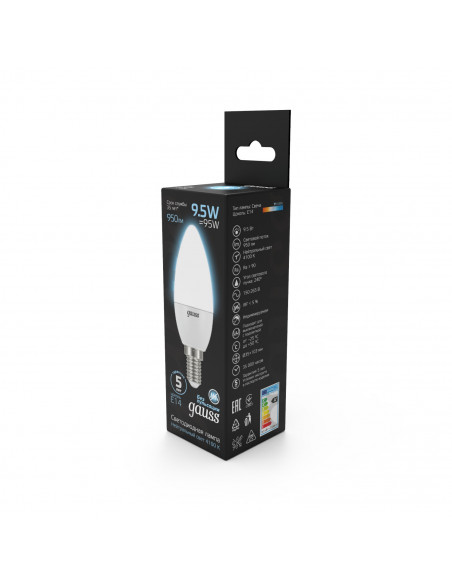 Лампа Gauss Свеча 9.5W 950lm 4100К E14 LED 1/10/100