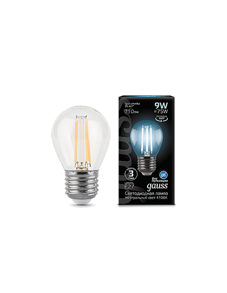 Лампа Gauss Filament Шар 9W 710lm 4100К Е27 LED 1/10/50