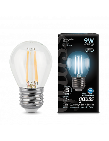 Лампа Gauss Filament Шар 9W 710lm 4100К Е27 LED...