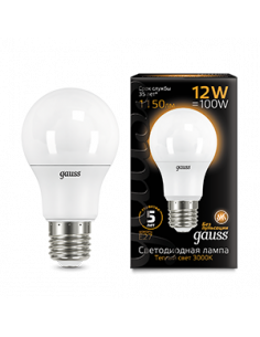 Лампа Gauss A60 12W 1150lm 3000K E27 LED 1/10/50